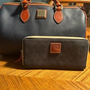 Dooney & Bourke Midnight Navy and Brown Leather Duffel Bag with Wallet
